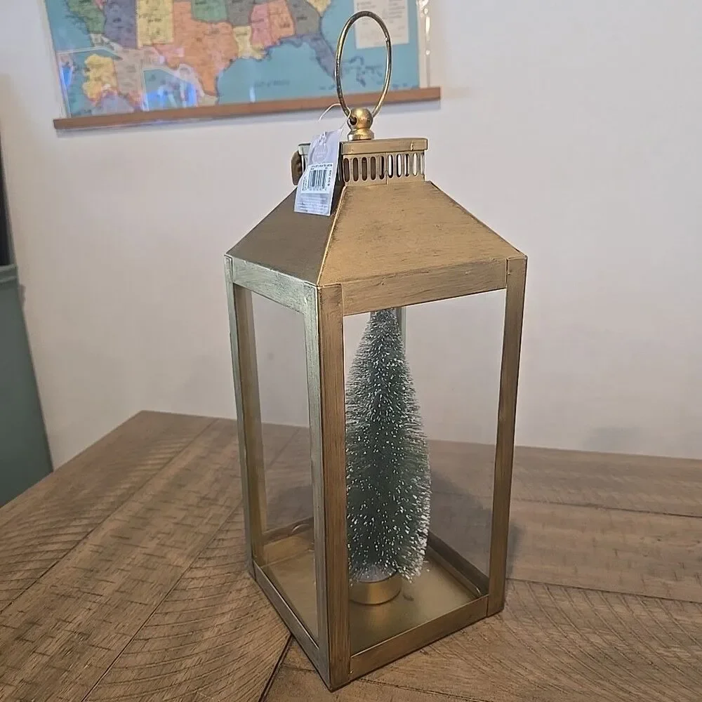 St. Nicholas Square Metal Bottle Brush Tree Lantern Table Decor Gold Color